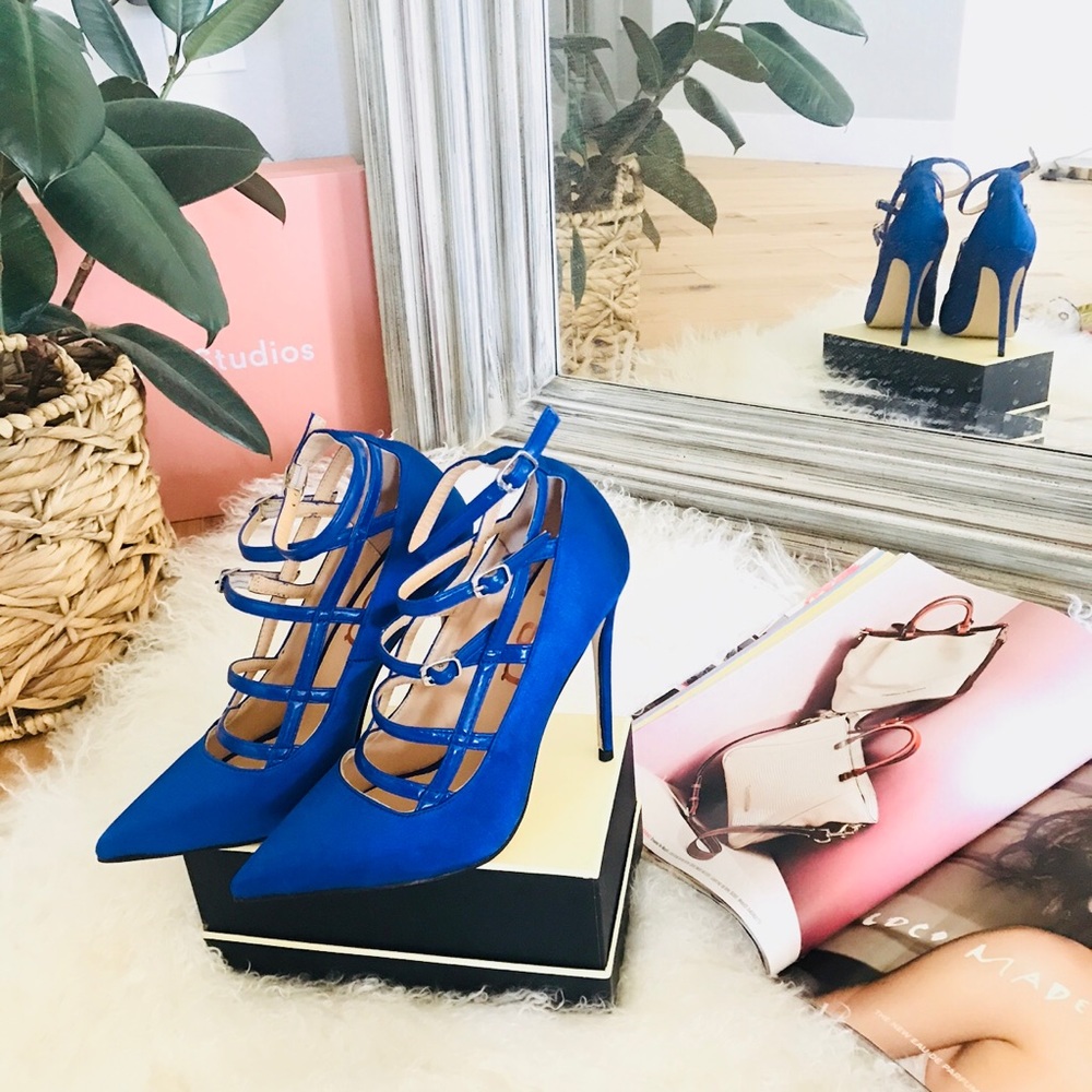 FSJ Blue Point Toe Satin Strappy Heels
